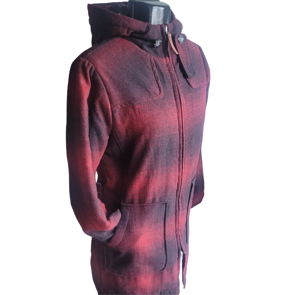 Woolrich Plaid Ombre Red Hunt Style Hooded Wool Blend Coat S - Picture 6 of 12
